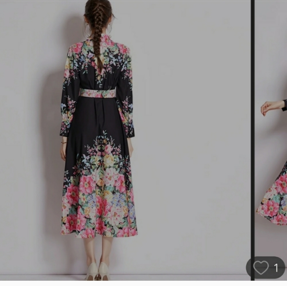 Nwt Dalia MacPhee Dress Large Black Pink Floral Button-Front  Long Sleeve Mi… - Picture 13 of 13